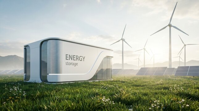 Futuristic white energy storage unit sits in a lush green meadow surrounded by wind turbines and solar panels under a hazy morning sun.