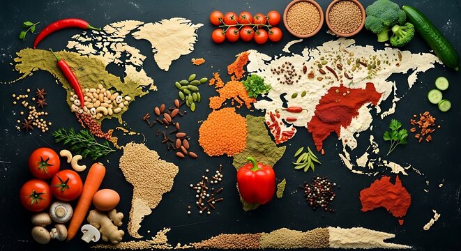 World map made of various food ingredients and spices on black background