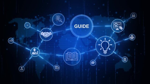 Futuristic guide HUD interface design featuring glowing interconnected technology nodes and business direction icons over a dark digital world map background.