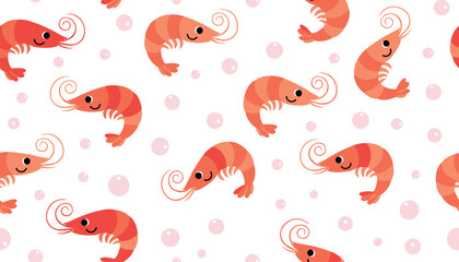 Naklejka premium Adorable cartoon pink shrimps and water bubbles seamless repeating pattern illustration on a clean white background.