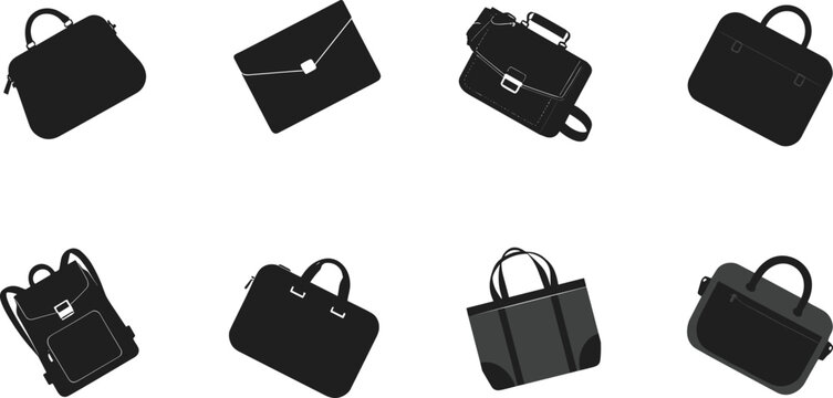 Vector black silhouette icon set featuring various business office bags collection including briefcase laptop bag backpack messenger portfolio case isolated on white background