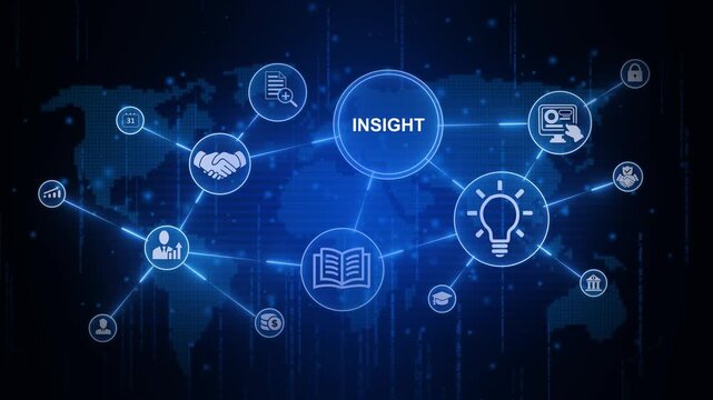 Futuristic insight HUD interface design featuring glowing technology network nodes and predictive forecasting icons over a dark digital world map background.