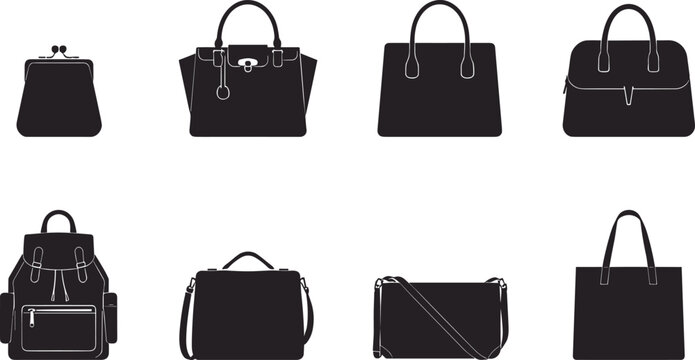 Vector black silhouette icon set featuring various classic women handbags fashion collection including handbag purse backpack tote crossbody bag isolated on white background