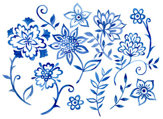 A set of oriental floral ornaments. Blue watercolor patterns. © Tatiana