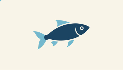 Obraz premium Blue fish cartoon illustration swimming on a light cream background, representing healthy food, marine wildlife, or ocean ecosystem.