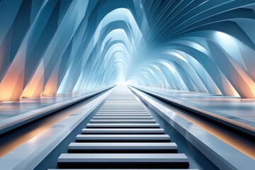 Fototapeta premium Futuristic blue digital tunnel with glowing lines, symmetrical stairs and abstract architectural perspective