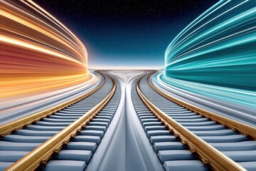 Fototapeta premium Blue glowing train tracks branching into dual light trails conveying speed, motion and futuristic travel