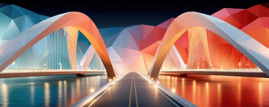 Futuristic low-poly bridge with illuminated arches over reflective water at night