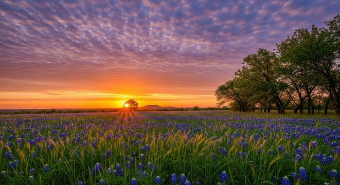 Stunning Texas Bluebonnet Field at Sunset with Vibrant Purple Sky and Golden Sunburst over Wildflowers