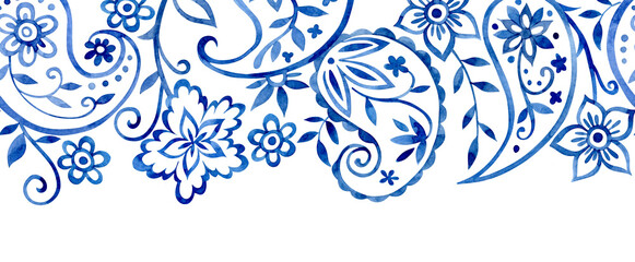 Seamless border of oriental floral and paisley ornaments. Blue watercolor frame © Tatiana