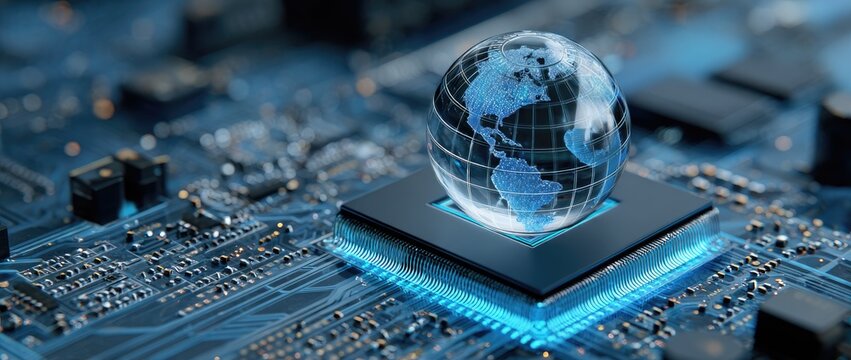 Glowing Earth globe rests on a computer processor amidst intricate circuitry