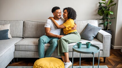 Obraz premium Happy couple embracing on sofa at home expressing love and togetherness