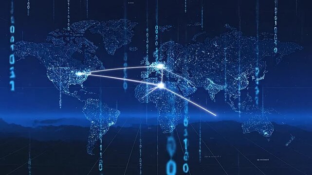 A digital world map composed of glowing blue binary code data streams