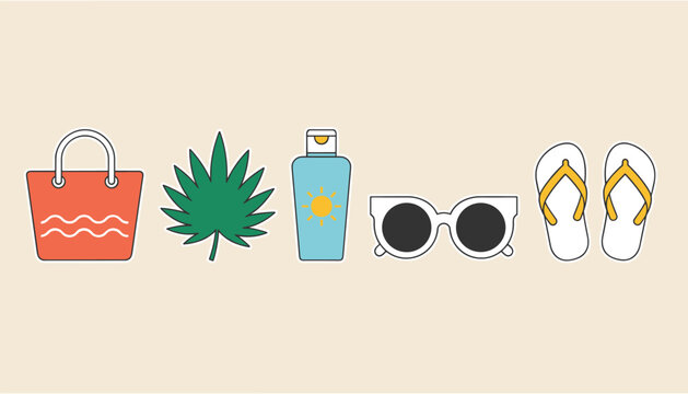 Collection of summer beach vacation items including an orange tote bag, palm leaf, sunscreen, sunglasses, and yellow flip flops.