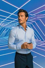Fototapeta premium Businessman in light blue shirt using smartphone in a futuristic neon tunnel, confident professional portrait