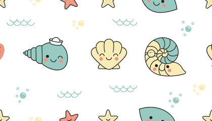 Obraz premium Sea theme seamless pattern with cute smiling shells, starfishes, and wave lines on a white background, perfect for kids.