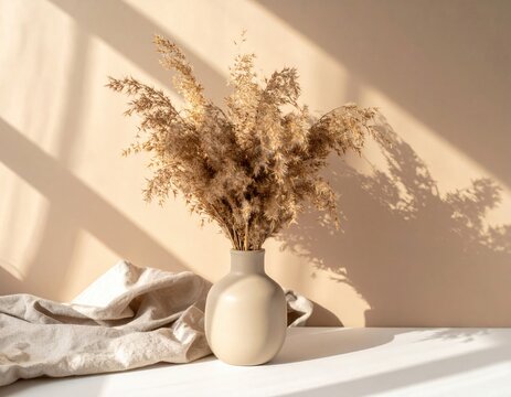 Still life of dried ornamental grass in beige vase next to folded linen