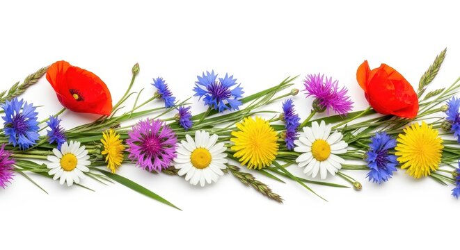 Beautiful Colorful Wildflower Border with Poppies, Daisies, Cornflowers and Dandelions Isolated on White Background
