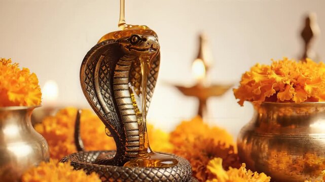 Nag panchami ritual of pouring honey over a brass cobra snake statue