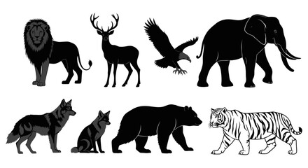 Obraz premium Collection of Detailed Wild Animal Silhouettes Featuring Diverse Mammals and Birds for Nature Design