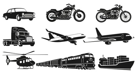 Transportation Vehicle Silhouette Vector Icons Set with Plane Train Car and Ship © Khfd