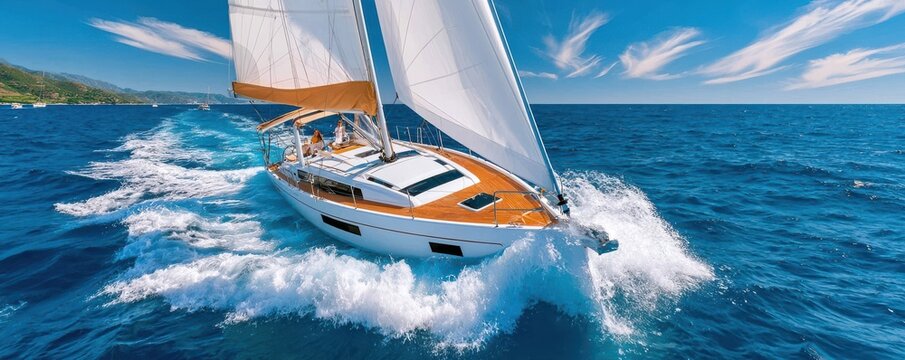 Sailboat cutting through blue ocean waves on a sunny summer day with white sails unfurled