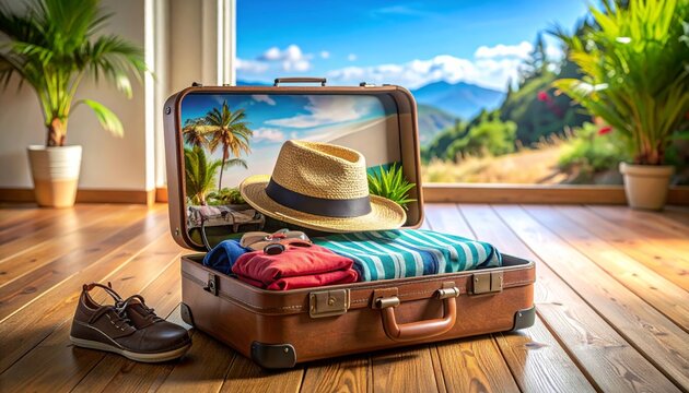 An antique vintage suitcase rests on a bedroom table near a breakfast setup with an old glass tea cup
