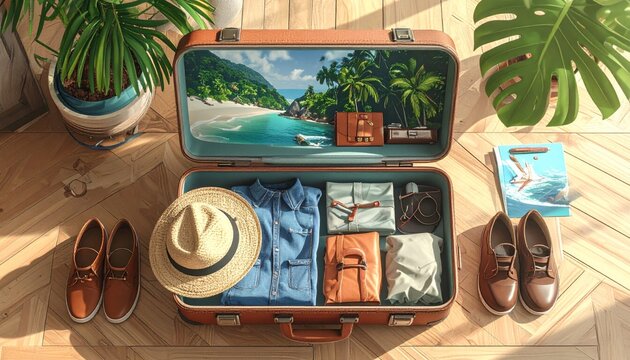 An antique vintage suitcase rests on a bedroom table near a breakfast setup with an old glass tea cup
