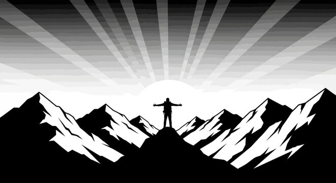 Silhouette of a person standing on a mountain peak with arms raised, bathed in sunrays