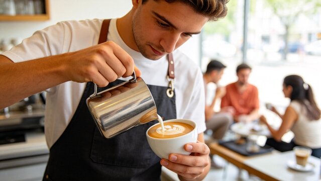 Barista pouring latte art in coffee shop