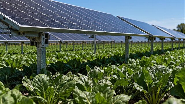 Agrivoltaics solar panel field over leafy vegetable crop creating sustainable farming energy efficient land use renewable power green agriculture