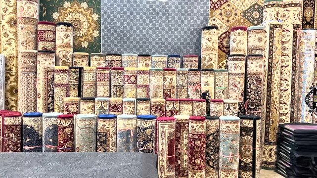 Multiple Persian carpets for sale at the store. Traditional hand-woven rugs with Vibrant colors.