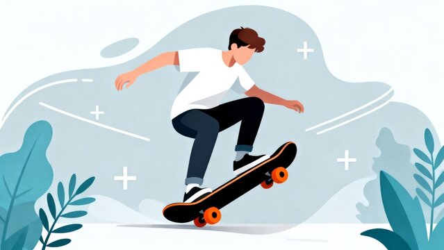 Simple flat wind illustration of juvenile outdoor skateboarding