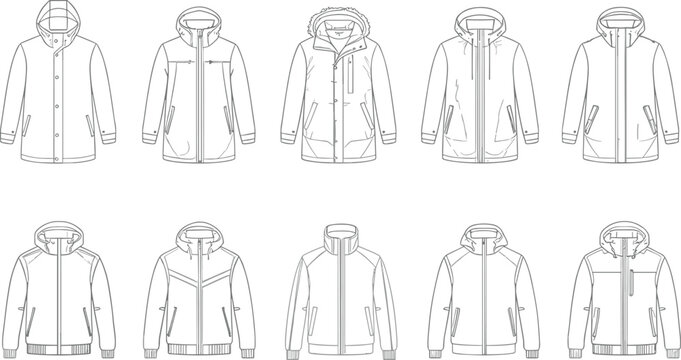 Fashion technical sketch vector icon set featuring various men winter outerwear collection including hooded jacket parka coat puffer style isolated on white background