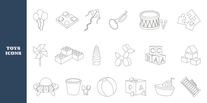 Collection of children s toy icons in simple line drawings including balloons, blocks, kite, trumpet, drum, puzzle, pinwheel, stacking rings, balloon animal, UFO toy, boat, and xylophone