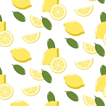 Seamless pattern of whole lemons, slices, halves, and green leaves scattered on white background, fresh and vibrant citrus design for summer textiles, wallpapers, or decor