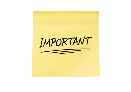 Yellow sticky note with important handwritten text on transparent background