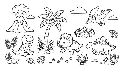 Fototapeta premium Cute Baby Dinosaur Island Line Art Vector Set Volcano, Palm Trees and Prehistoric Friends Collection