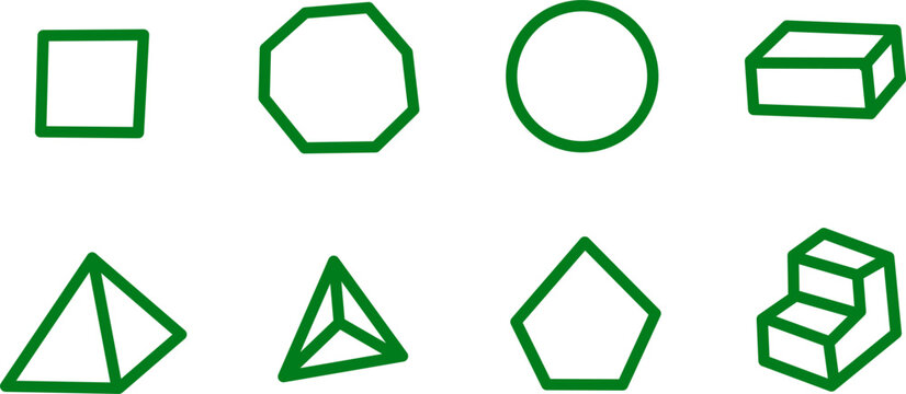 Minimal geometric outline icon set featuring square, octagon, circle, cube, pyramid, triangle, pentagon, and stair block vector shapes.