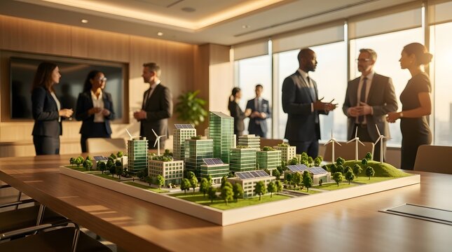 Diverse group of professionals discussing a sustainable city model in a modern boardroom with large windows.
