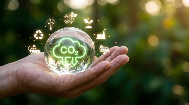 A hand holding a crystal ball with a glowing CO2 reduction icon and environmental symbols, representing sustainability and ecological balance.