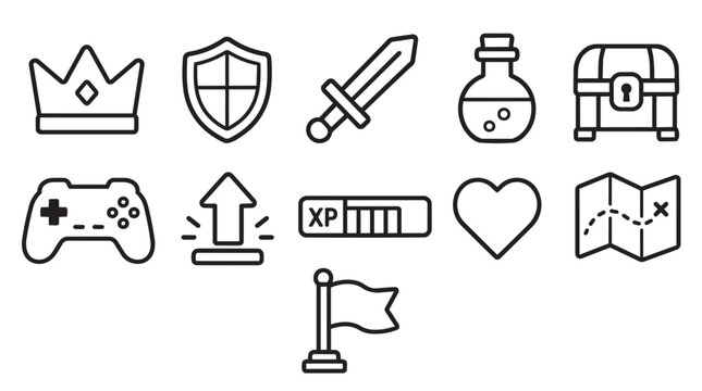 Gaming and fantasy roleplay icon set with black outlines