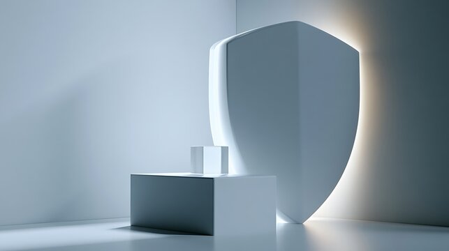 Massive glowing shield protecting a single data cube, cybersecurity defense concept