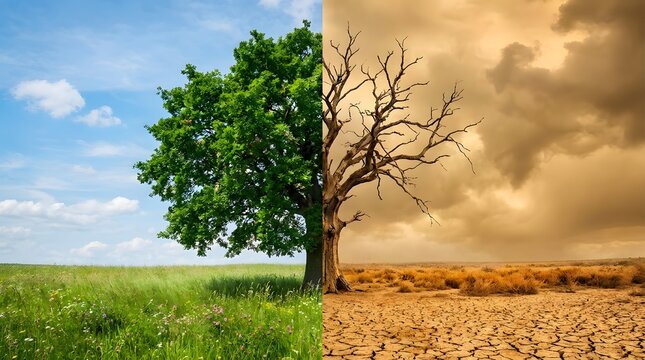 A stark visual contrast between a lush green tree under a blue sky and a dead, barren tree under a stormy, dry sky, symbolizing climate change and environmental degradation.