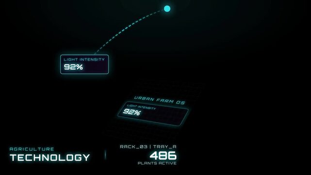 Advanced agritech digital dashboard monitoring light intensity and plant growth statistics on a sleek black background for modern smart farming