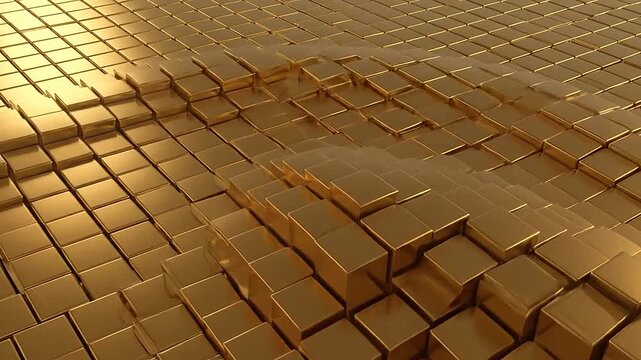 A three dimensional abstract background featuring a grid of shiny golden cubes