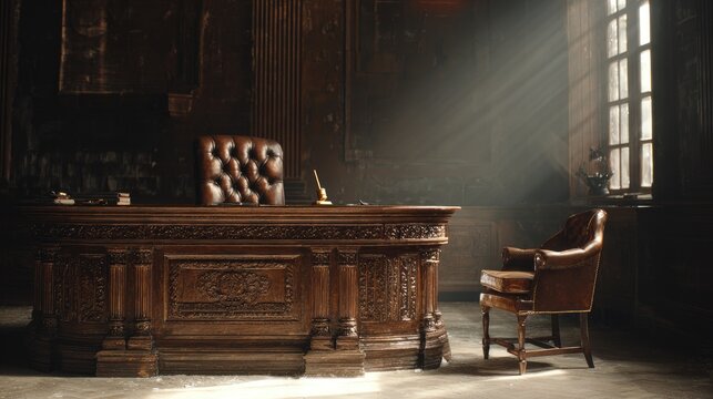 Ornate wooden desk & leather chair bathed in dramatic light