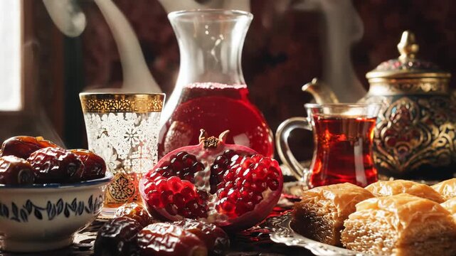 Dates and pomegranate with tea and pastries on a decorative tray 4k video