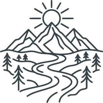 Minimalist line art illustration of mountain landscape with winding river pine trees and sun