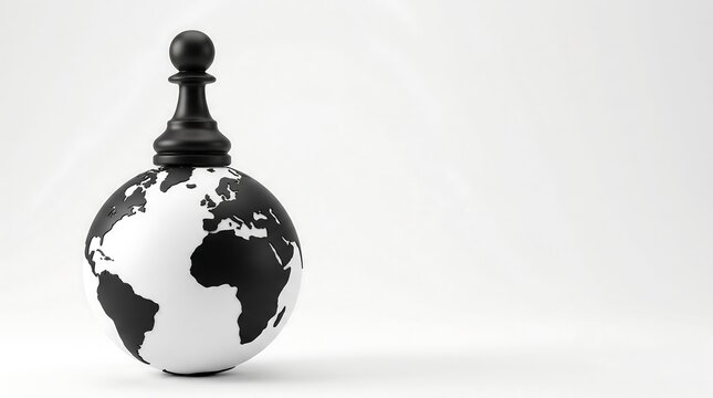 A black chess pawn stands atop a black and white globe, on a clean white background, representating World Chess Day.